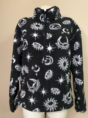No Boundaries Black Sherpa zip front Jacket with White Celestial Print L